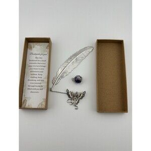 Vintage Metal Feather Bookmark with 3D Butterfly & Purple Dried Flower Charm